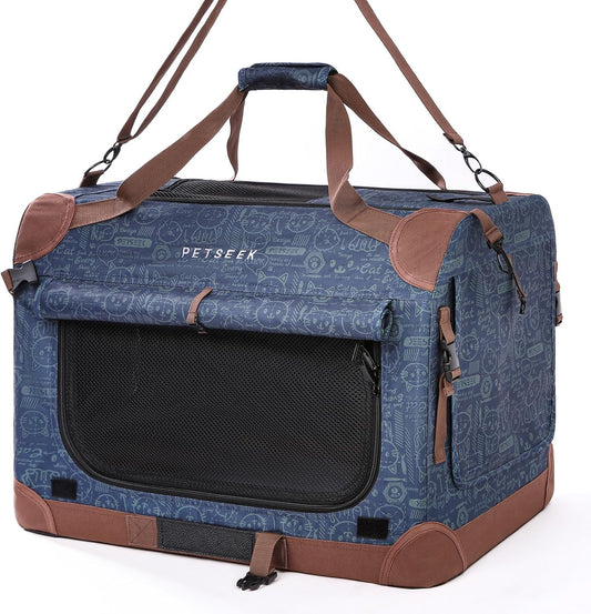 Extra Large Cat Carrier Soft Sided, Portable Small Dog Carrier for 2 Cats, 24"X16.5"X16" Car Travel Folding Comfortable Design, Navy